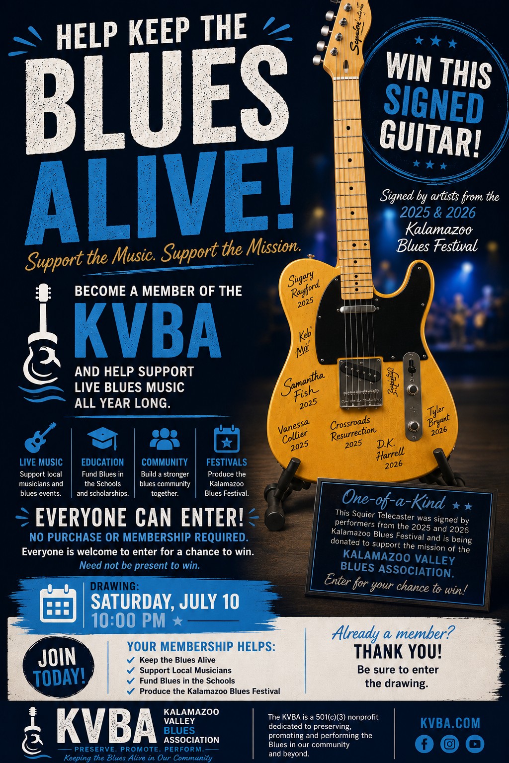 Win this signed guitar — a Squier Telecaster that will be signed by 2025 and 2026 Kalamazoo Blues Festival artists